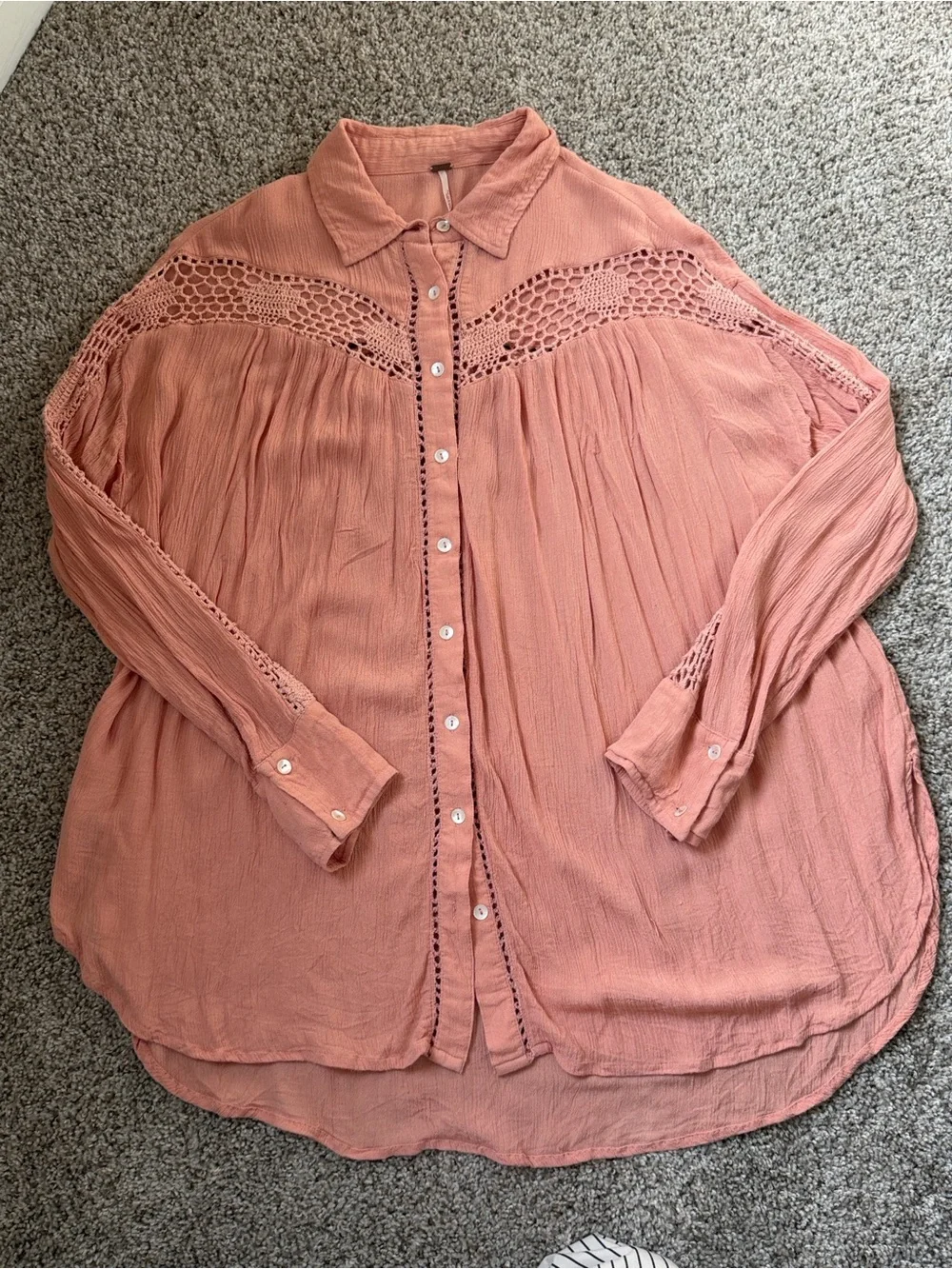 Free People Dusty Pink Crochet-Inset Button Front Blouse